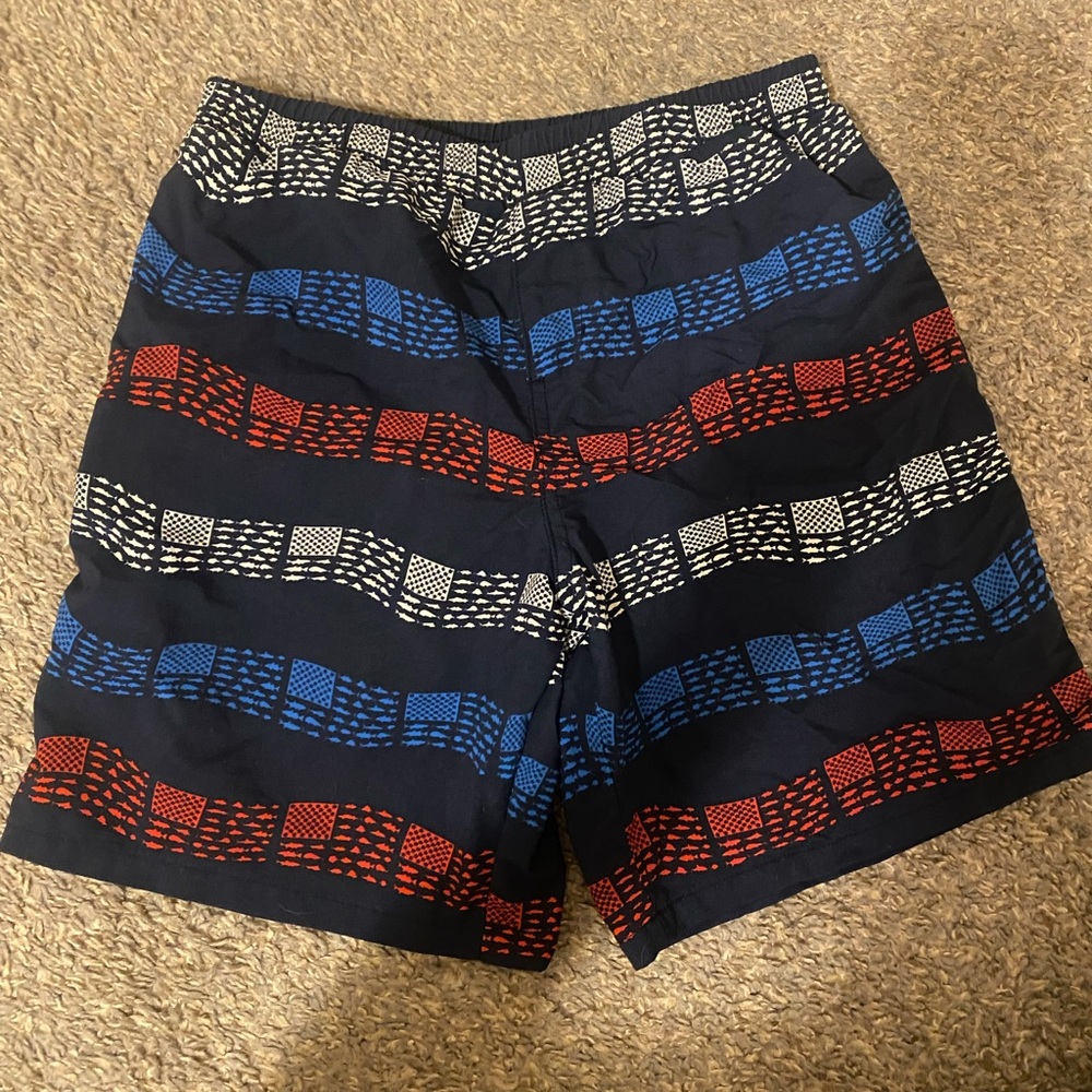 Navy Blue and Red Patterned Swim Shorts